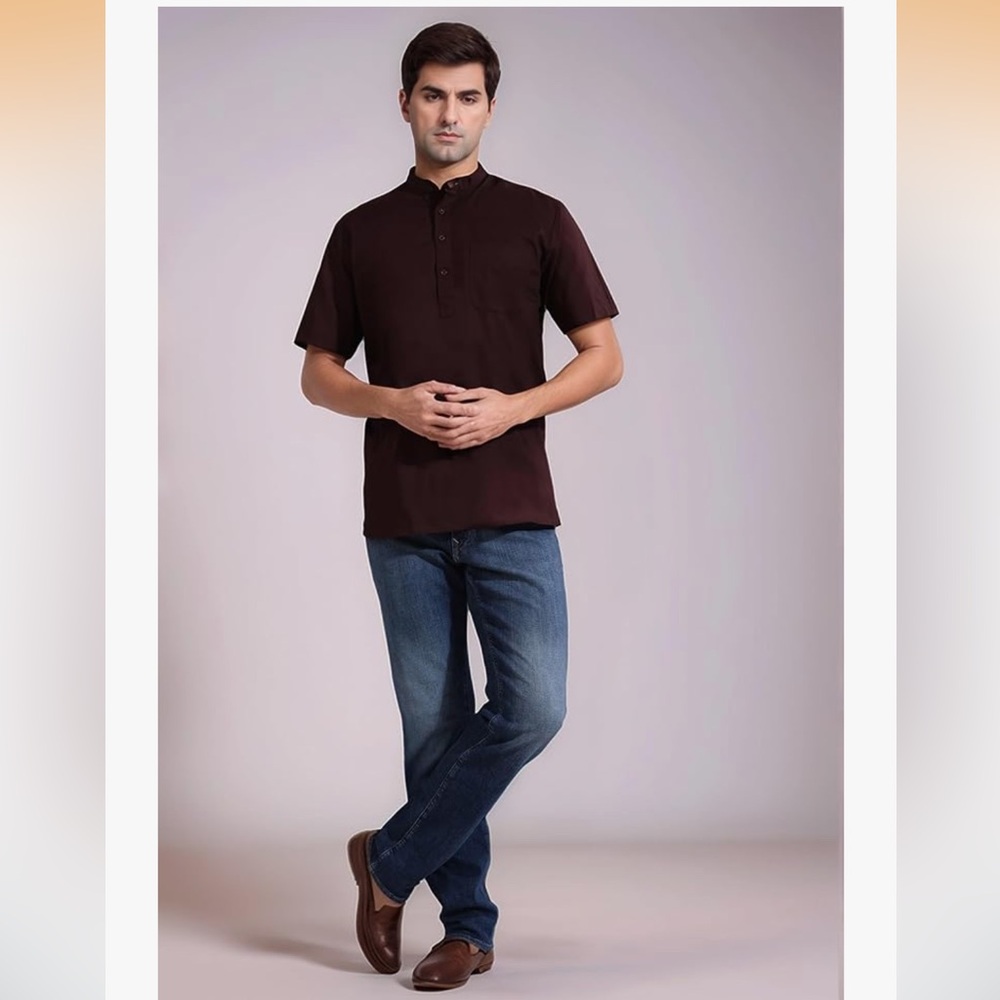 SKAVIJ Mens Short Kurta - 100% Cotton Mandarin Collar Ethnic Wear Shirt Sz L NWT